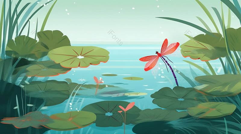 绿色池塘里荷叶上飞舞的蜻蜓背景,插画/手绘图,插画/手绘图库,插画/手绘图下载,插画/手绘